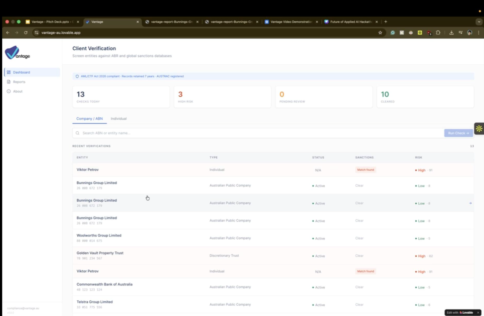 Build Club project dashboard showing client verification and risk-screening results.