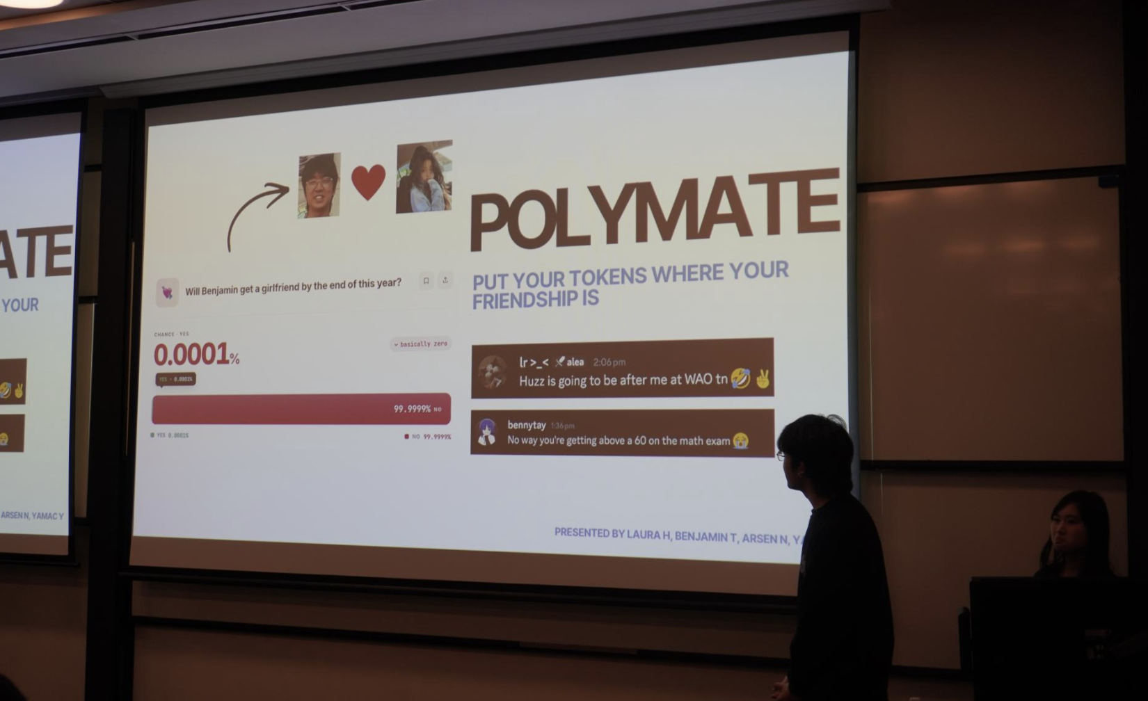 Polymates presentation slide projected at the UNSW DevSoc and Atlassian hackathon.