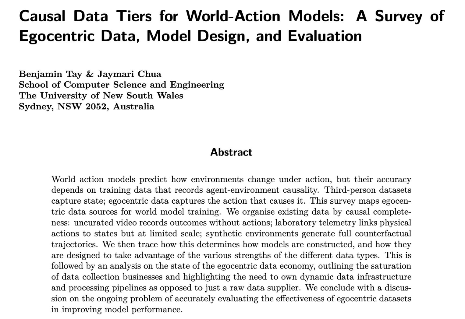First page of the World-Action Model survey paper by Benjamin Tay and Jaymari Chua.